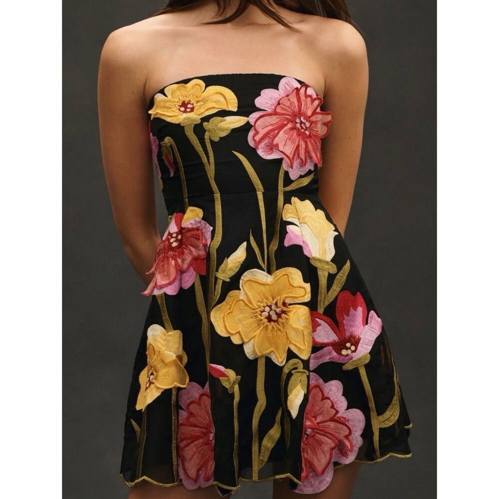 By Anthropologie Strapless Floral Organza Mini Dress Size 1X Embroidered Garden